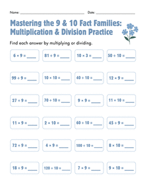 Mastering the 9 & 10 Fact Families: Multiplication & Division Practice