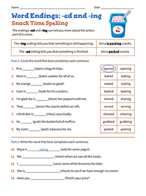 Word Endings: -ed and -ing: Snack Time Spelling