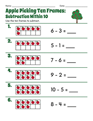 Apple Picking Ten Frames: Subtraction Within 10