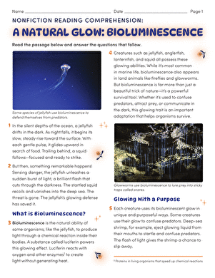 Nonfiction Reading Comprehension: A Natural Glow: Bioluminescence