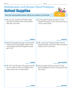 Multiplication and Division Word Problems: School Supplies