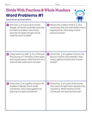 Divide With Fractions & Whole Numbers: Word Problems #1