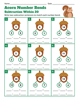 Acorn Number Bonds: Subtraction Within 20