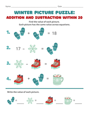 Winter Picture Puzzle: Addition and Subtraction Within 20