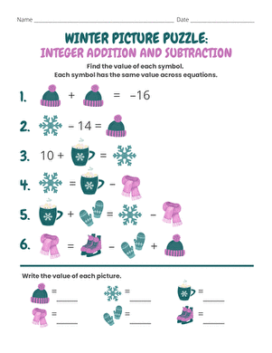 Winter Picture Puzzle: Integer Addition and Subtraction
