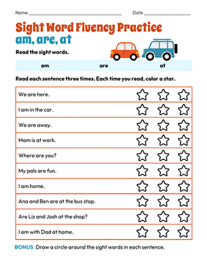 Sight Word Fluency Practice: am, are, at large image