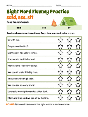 Sight Word Fluency Practice: said, see, sit large image
