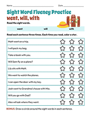 Sight Word Fluency Practice: went, will, with large image