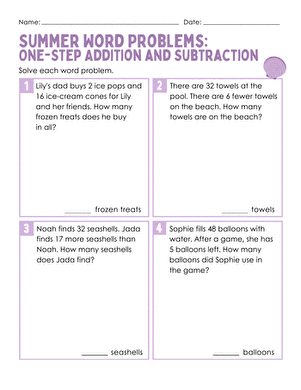 Summer Word Problems: One-Step Addition and Subtraction large image