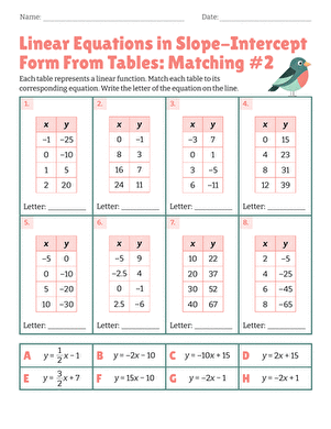 Linear Equations in Slope-Intercept Form From Tables: Matching #2 large image