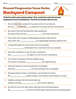 Present Progressive Tense Verbs: Backyard Campout large image