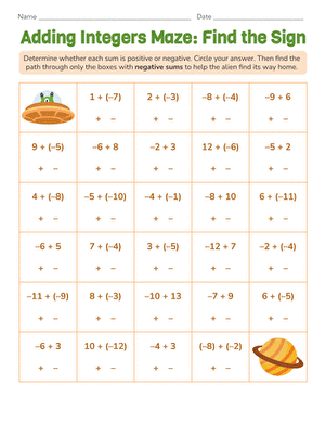 Adding Integers Maze: Find the Sign large image