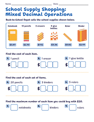 School Supply Shopping: Mixed Decimal Operations large image