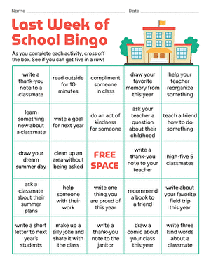Last Week of School Bingo large image