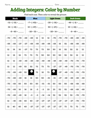 Adding Integers: Color by Number large image