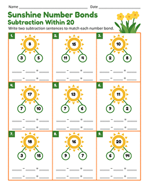 Sunshine Number Bonds: Subtraction Within 20 large image