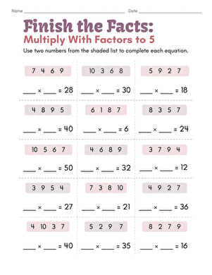 Finish the Facts: Multiply With Factors to 5 large image