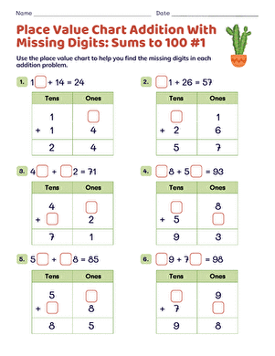 Place Value Chart Addition With Missing Digits: Sums to 100 #1 large image