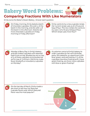 Bakery Word Problems: Comparing Fractions With Like Numerators large image