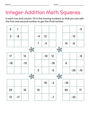 Integer Addition Math Squares large image