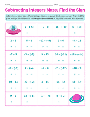 Subtracting Integers Maze: Find the Sign large image
