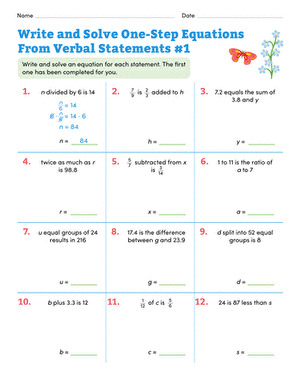 Write and Solve One-Step Equations From Verbal Statements #1 large image