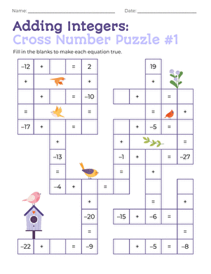 Adding Integers: Cross Number Puzzle #1 large image
