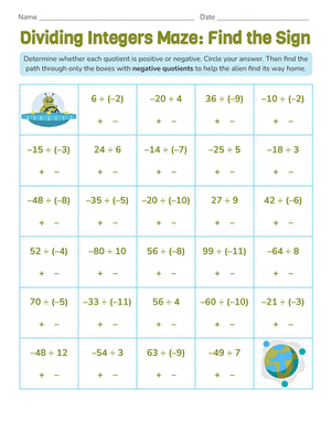 Dividing Integers Maze: Find the Sign large image