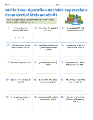 Write Two-Operation Variable Expressions From Verbal Statements #1 large image