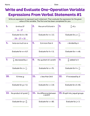Write and Evaluate One-Operation Variable Expressions From Verbal Statements #1 large image