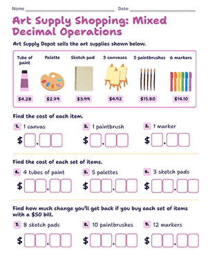 Art Supply Shopping: Mixed Decimal Operations large image