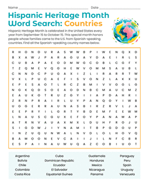 Hispanic Heritage Month Word Search: Countries large image