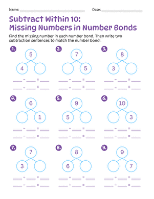 Subtract Within 10: Missing Numbers in Number Bonds large image