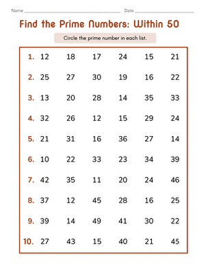 Find the Prime Numbers: Within 50 large image