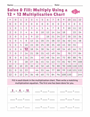 Solve & Fill: Multiply Using a 12 × 12 Multiplication Chart large image