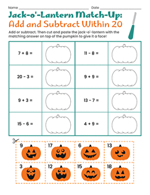 Jack-o'-Lantern Match-Up: Add and Subtract Within 20 large image