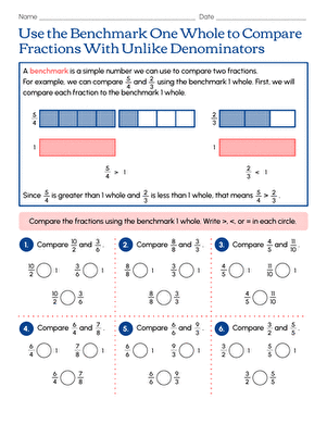 Use the Benchmark One Whole to Compare Fractions With Unlike Denominators large image