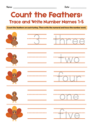 Count the Feathers: Trace and Write Number Names 1-5 large image