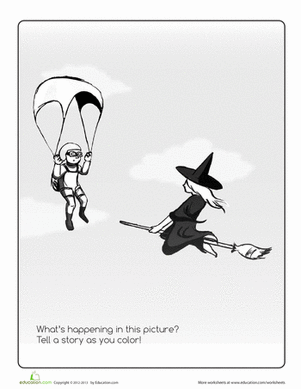 Skydiver and Witch Coloring Page