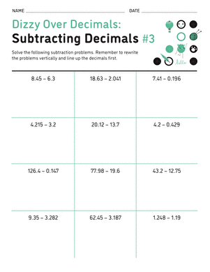 Dizzy Over Decimals: Subtracting Decimals #3