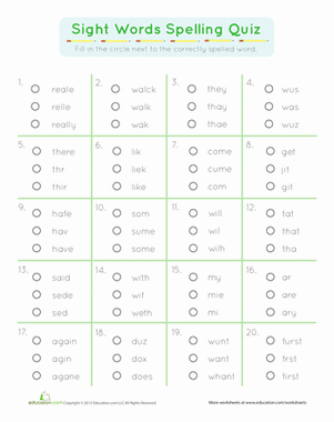 Sight Words Spelling Quiz