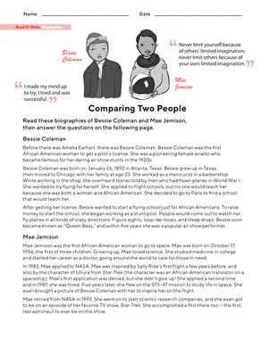 Making Comparisons with a Venn Diagram: Bessie Coleman and Mae Jemison