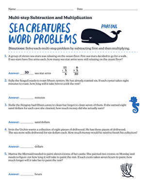 Sea Creatures Word Problems: Multi-step Subtraction and Multiplication