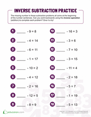Inverse Subtraction Practice