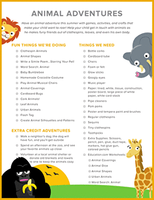 Animal Adventures Checklist