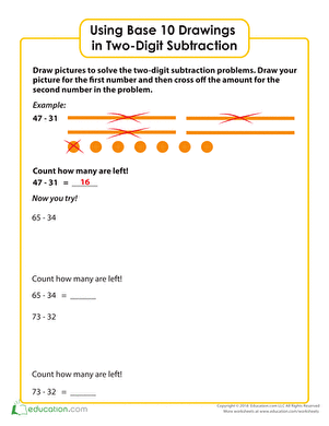 Using Base 10 Drawings in Two-Digit Subtraction