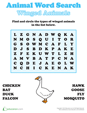 Winged Animals Word Search