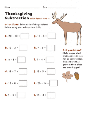 Thanksgiving Subtraction #1
